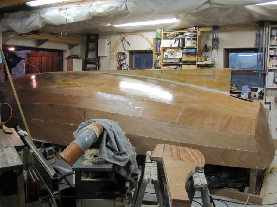 Glassing complete on 21' clinker ply gaff  cutter